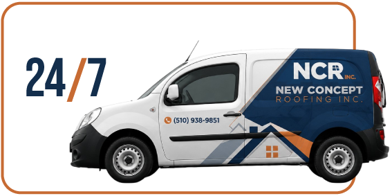 Official New Concept Roofing Inc. corporate work truck with company branding, graphics, and phone number on site for a 24/7 residential emergency roof repair service