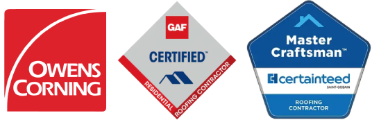 Elite manufacturer certification logos displaying Owens Corning Preferred Contractor, GAF Certified Weather Stopper Roofing Contractor, and CertainTeed ShingleQuality Specialist badges for New Concept Roofing Inc