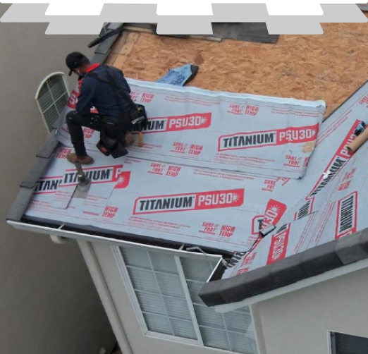Roof installation in San Jose - roofer applying Titanium PSU30 synthetic underlayment before shingle installation by New Concept Roofing Inc.