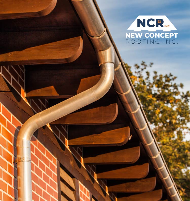 Metal downspout and gutter installation on a brick home in San Jose, CA by New Concept Roofing Inc.