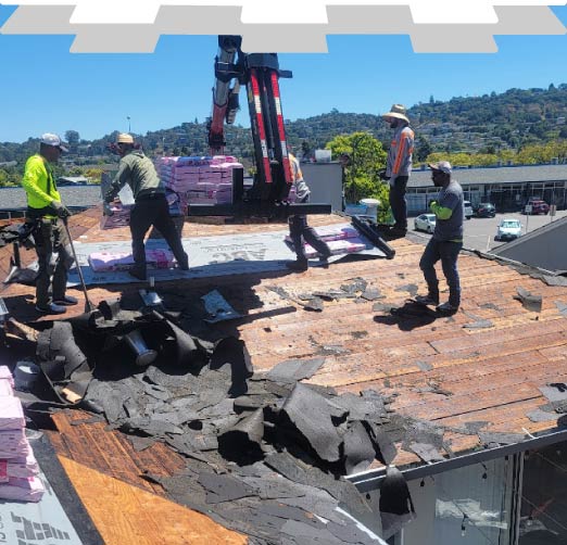 Full shingle roof replacement in progress with GAF materials in San Jose, CA by New Concept Roofing Inc.