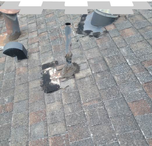 Storm damage repair around a roof vent pipe on a shingle roof in San Jose, CA